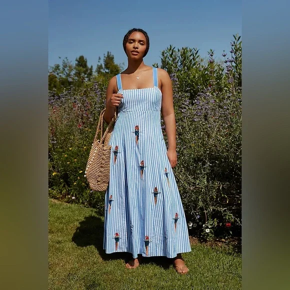 Anthropologie Maeve Tie Back A Line Maxi Dress Striped Blue Beaded Birds 24W - Picture 1 of 16